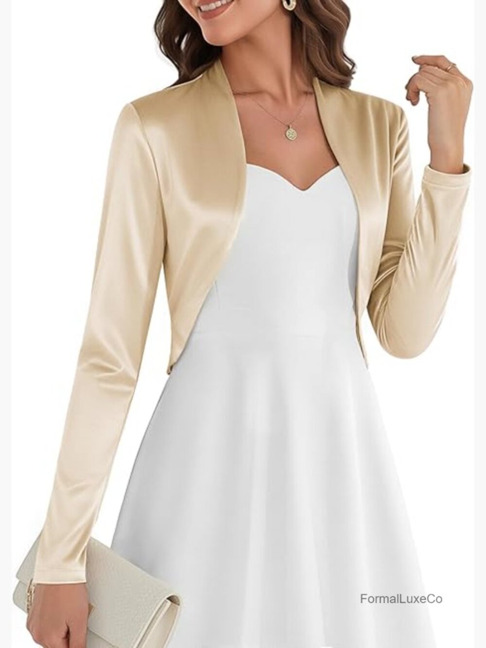 Women Long Sleeve Bolero Shrug Open Front Satin Jacket Ruffled Shrug for Formal